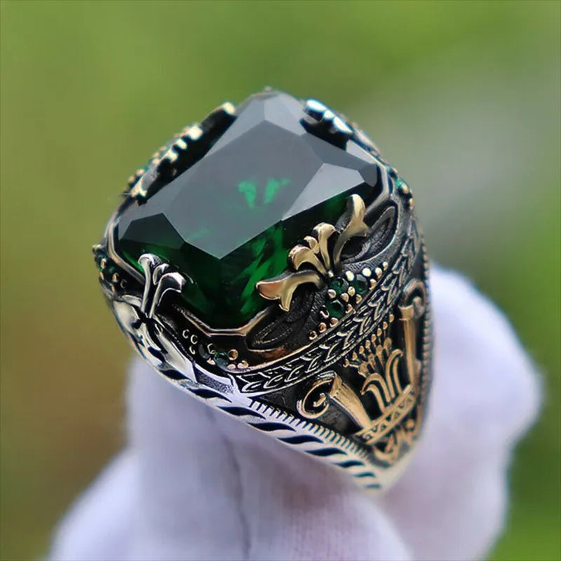 Turkish-Style Seal Ring with Coloured Stone Face and Ornate Band