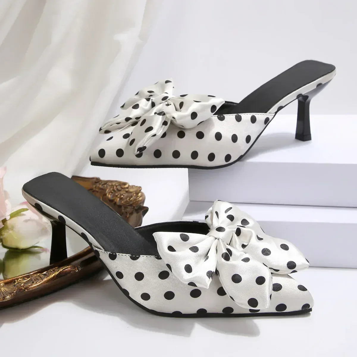 Polka Dot Kitten Heels with Oversized Bow