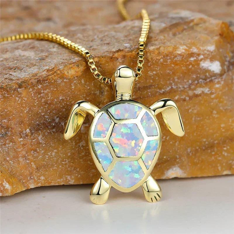 Vintage Turtle Pendant Necklace with Iridescent Stone