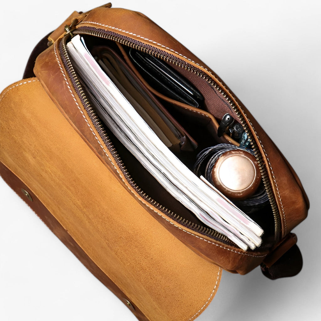 Crazy Horse-Effect Shoulder Bag with Flap Closure