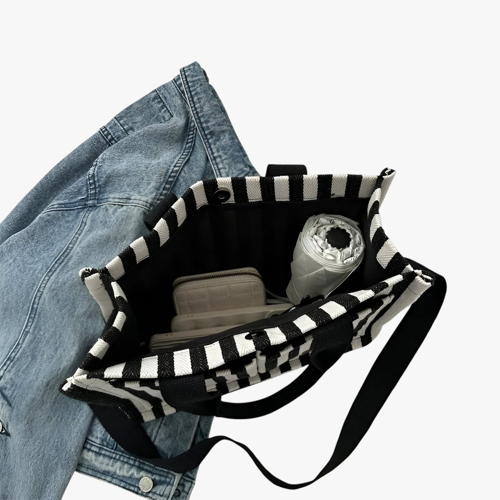 Spacious Striped Canvas Shoulder Bag for Day and Travel