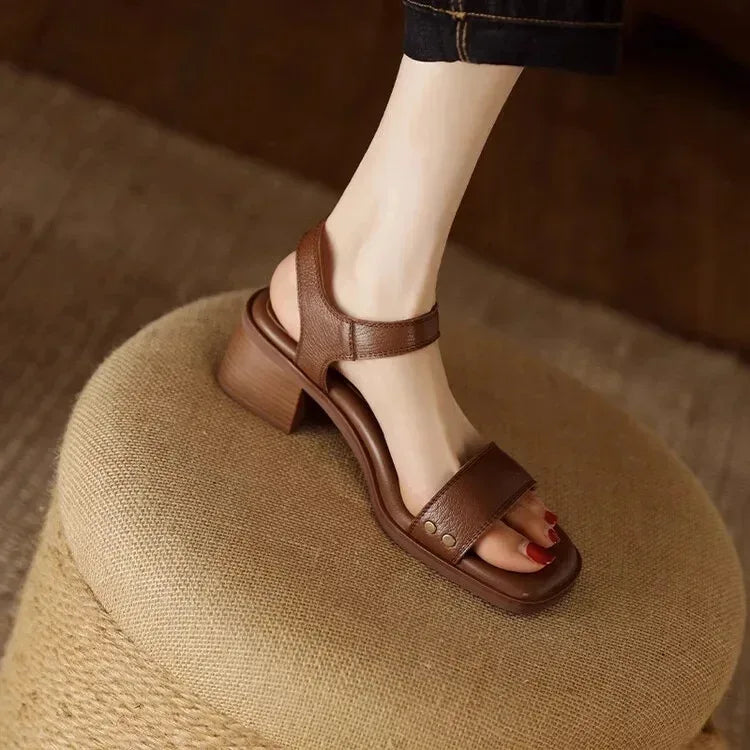 Leather Look Sandals with Block Heel and Ankle Strap