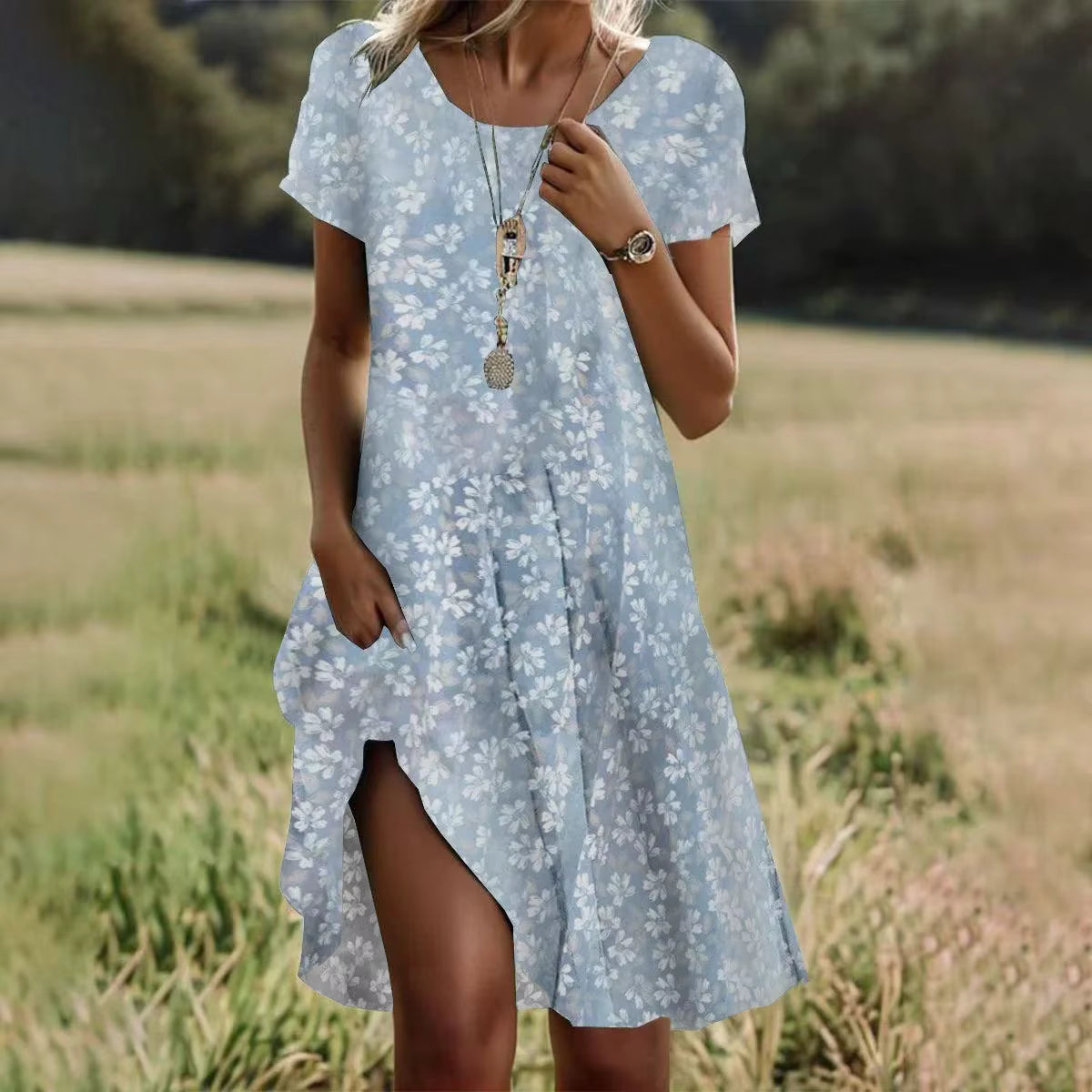 Vestido boho de estampado floral con escote de pico y cintura alta