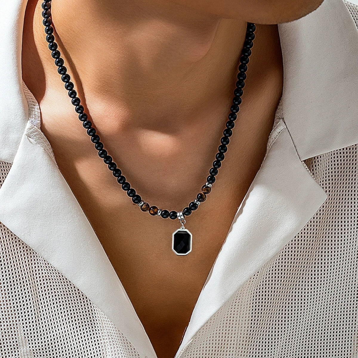 Black Bead Necklace with Geometric Square Pendant