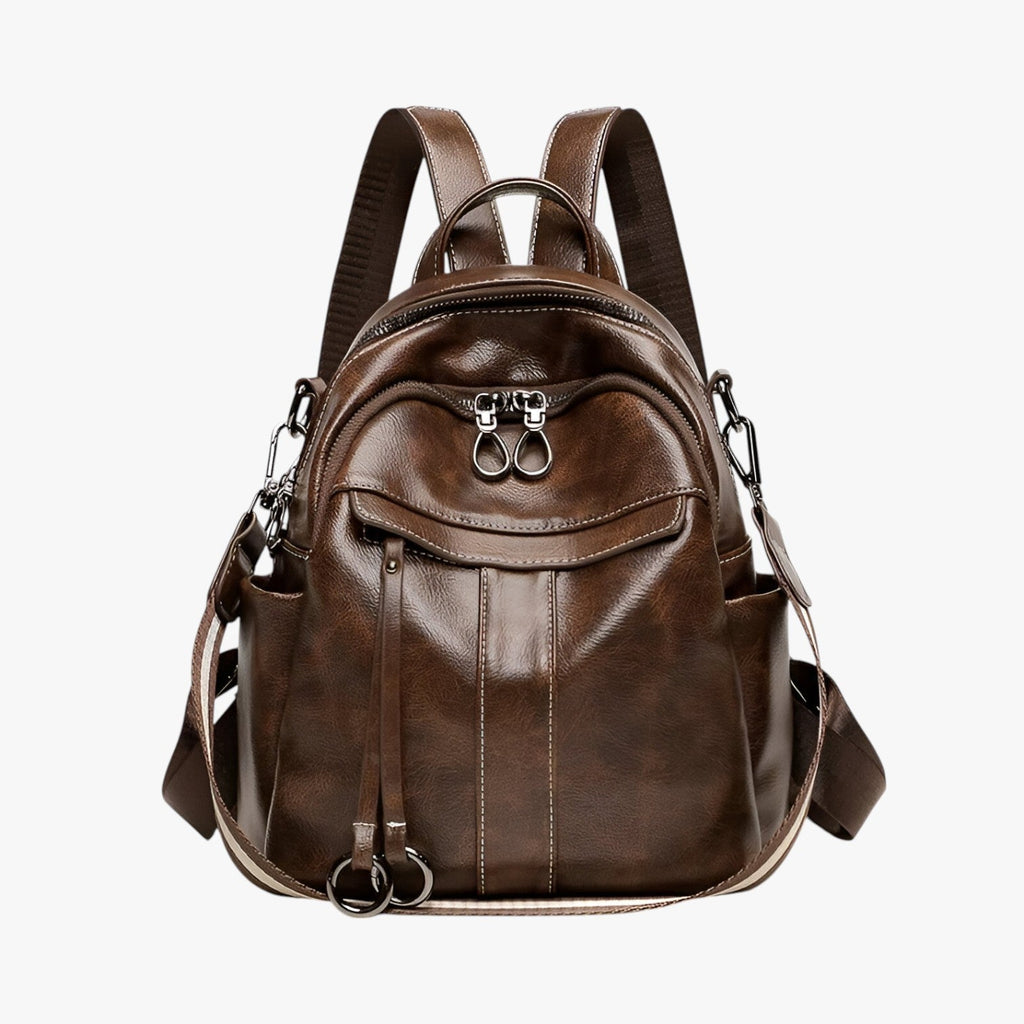 Mochila retro de piel sintética encerada con múltiples bolsillos