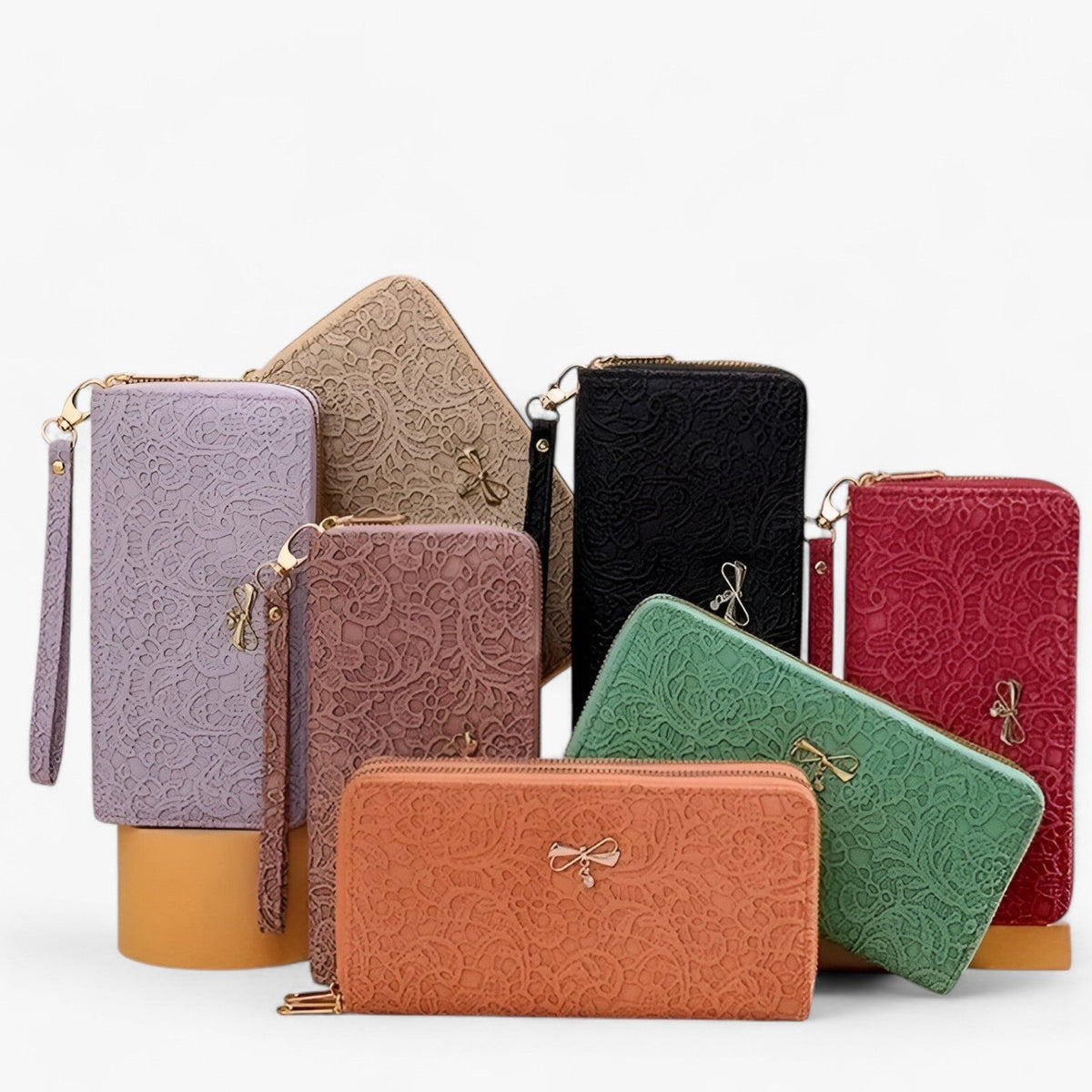 Retro Wallet with Lace Relief Detail and Multiple Compartments