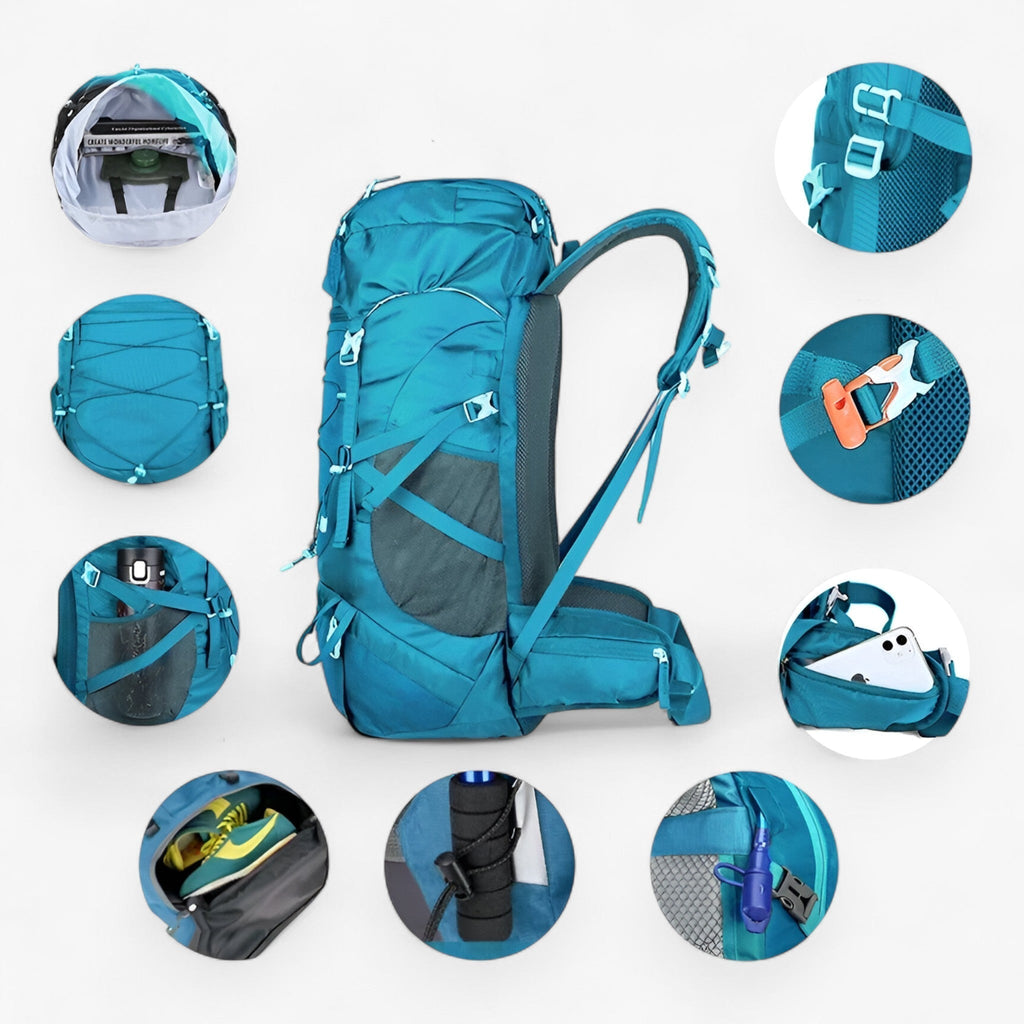 Mochila de senderismo de nailon resistente al agua de 50L con funda de lluvia