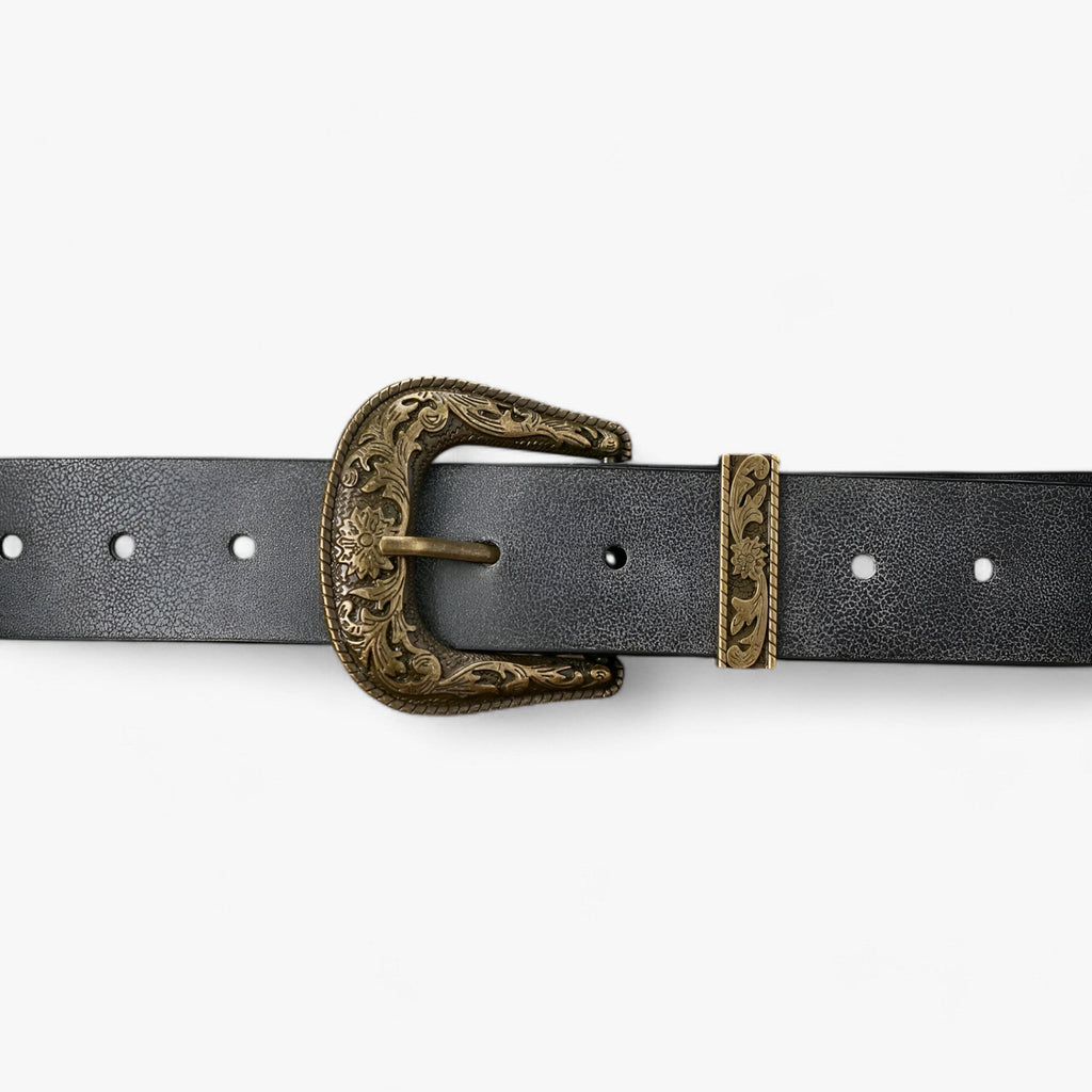 Unisex Faux Leather Belt with a Carved Vintage Floral Buckle