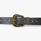 Unisex Faux Leather Belt with a Carved Vintage Floral Buckle