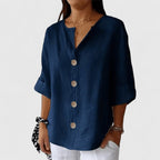 Cotton Linen Blend Blouse with V-Neck and Button Front