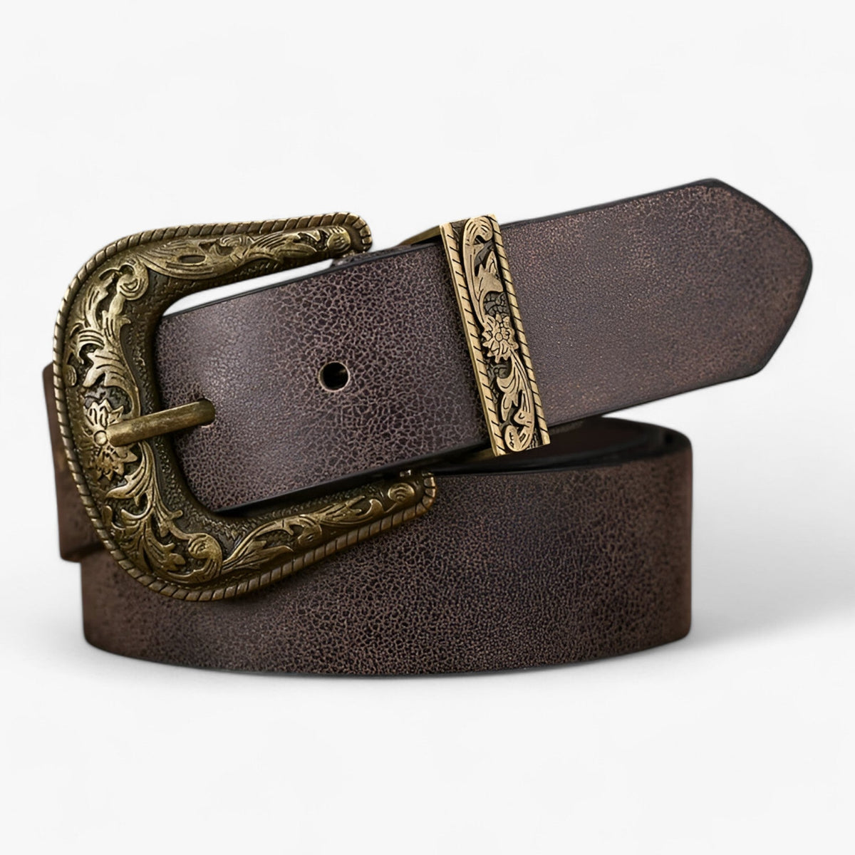 Unisex Faux Leather Belt with a Carved Vintage Floral Buckle