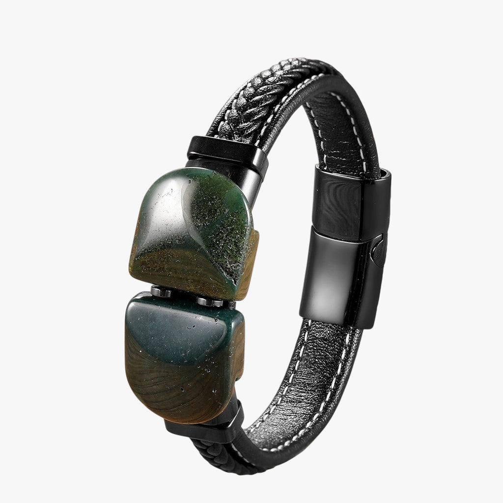 Natural Stone Bracelet with Braided Faux Leather Strap