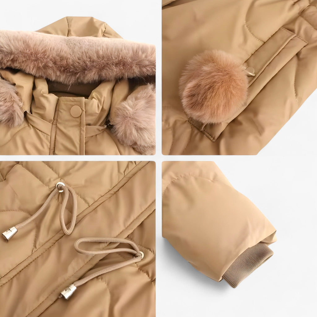 Hooded Padded Down Jacket with Thick Faux Fur Trim