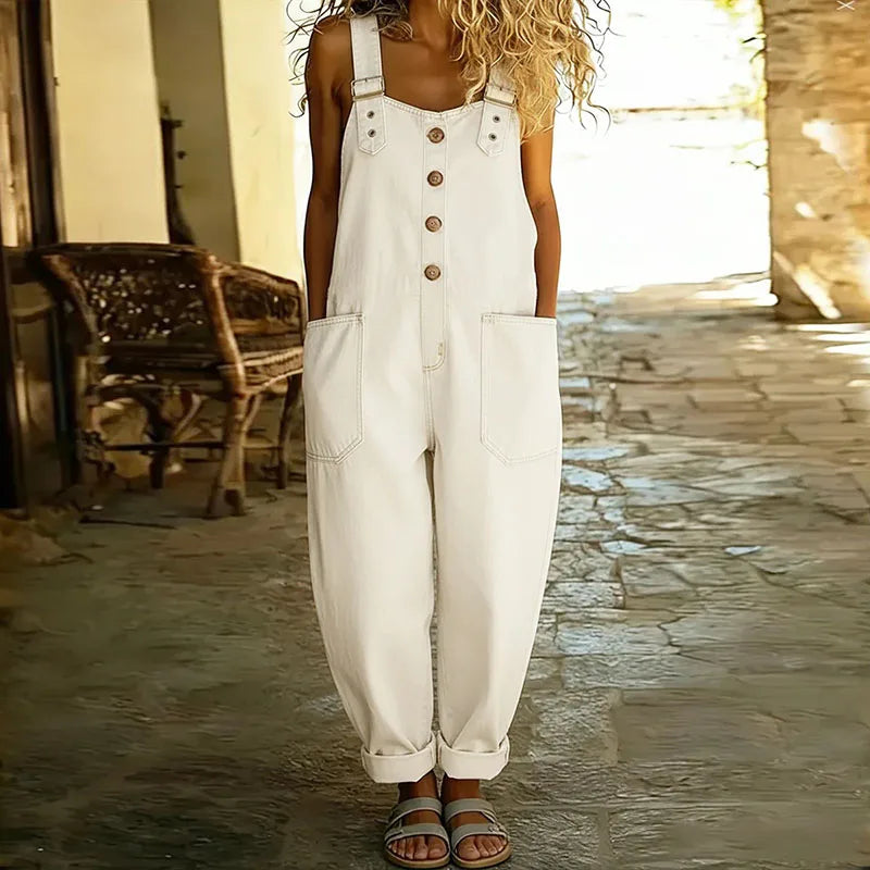 Denim Look Overalls with Adjustable Straps and Wide Leg