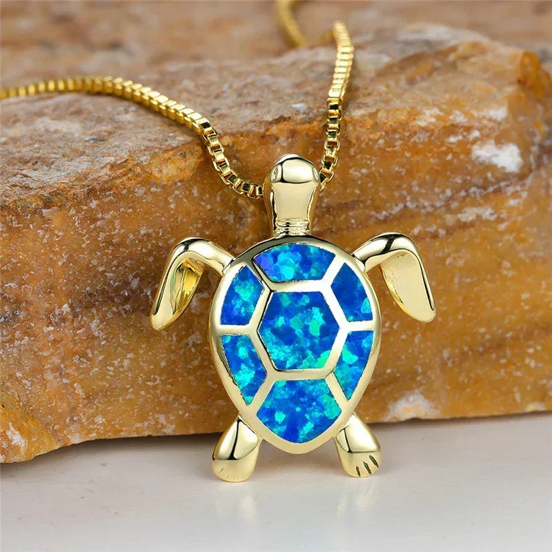Vintage Turtle Pendant Necklace with Iridescent Stone