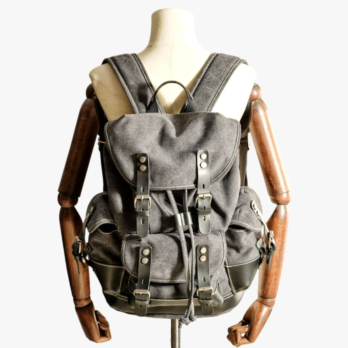Canvas and Faux Leather Hiking Backpack with Padded Straps
