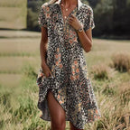 Vestido bohemio de mezcla de algodón de manga corta con estampado de hojas