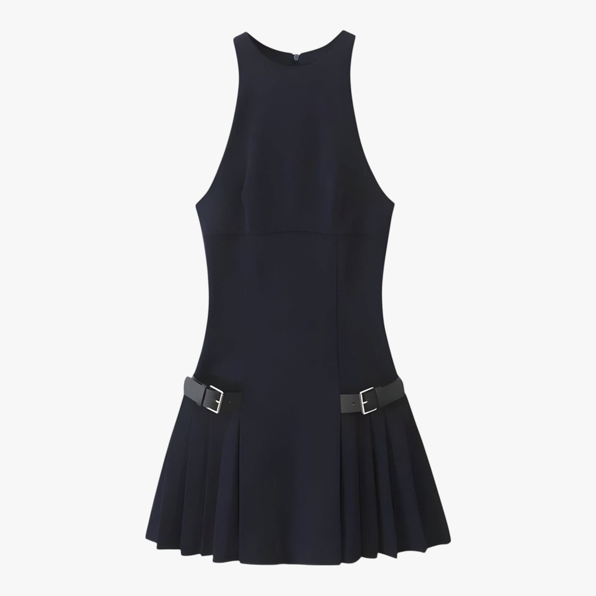 Vestido corto plisado con cuello camisero y cremallera trasera