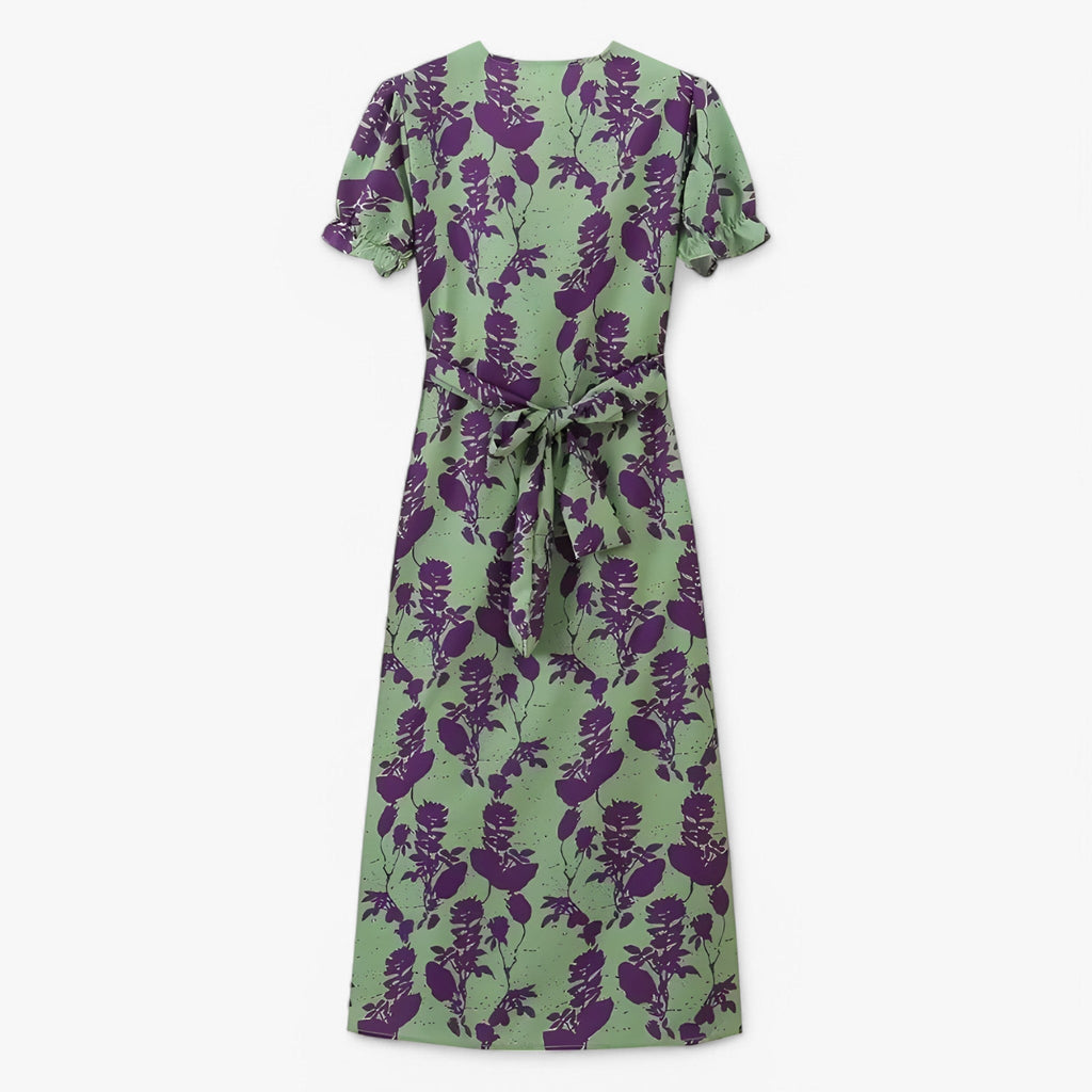 V-Neck Floral Print Dress with Short Sleeves and Soft Drape