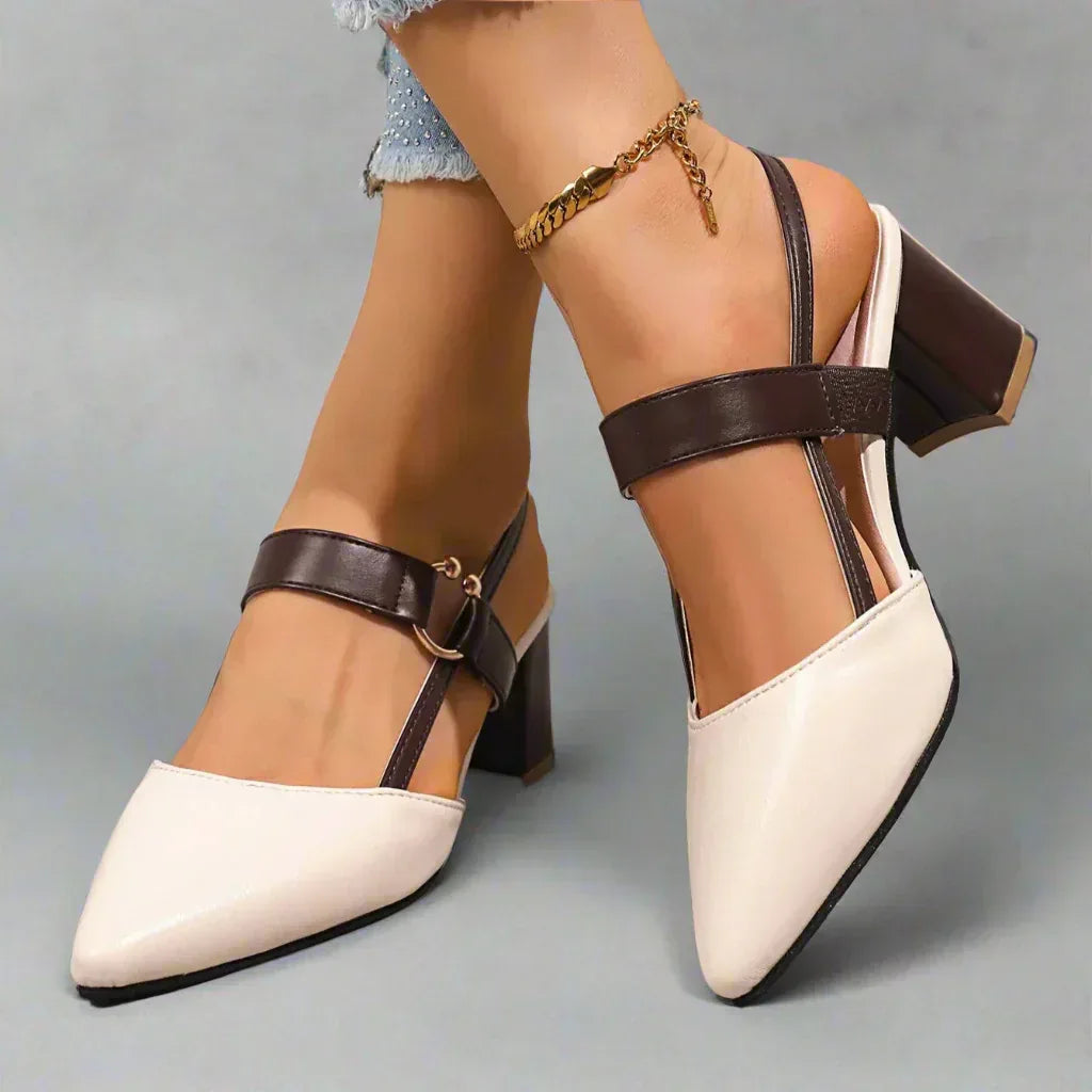 Block Heel Slingback Shoes with Gold Ring Detail