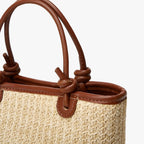 Natural Woven Rattan-Look Shoulder Bag with Rope Knots