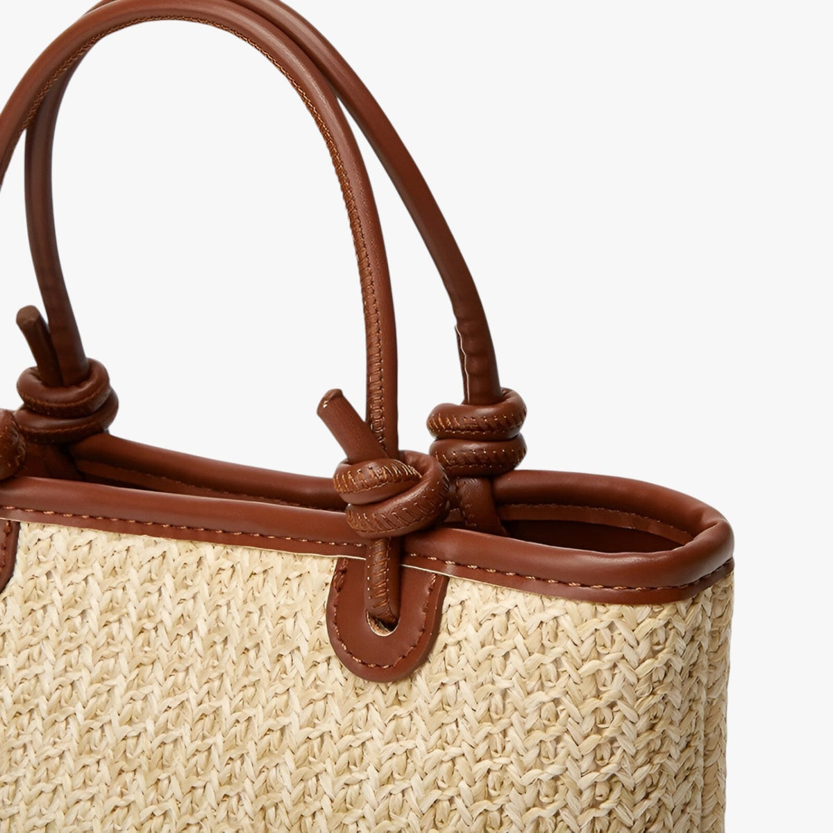 Natural Woven Rattan-Look Shoulder Bag with Rope Knots
