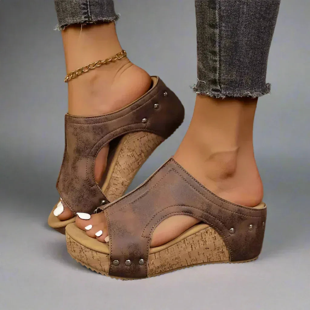 Cork Effect Wedge Sandals with Open Sided Slip On