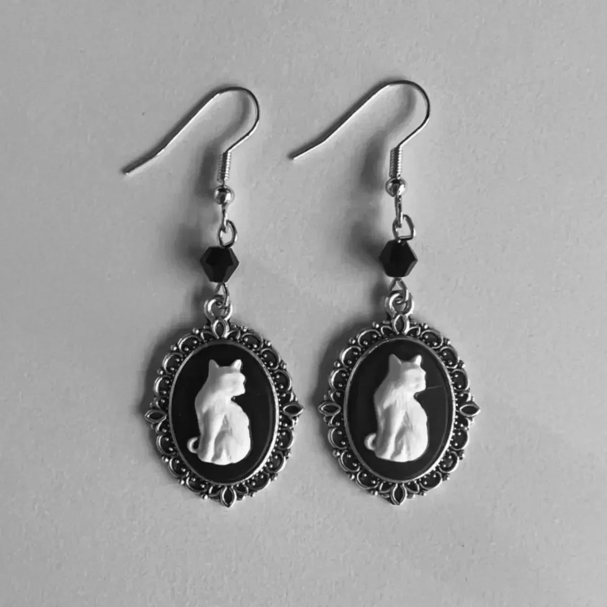 White Cat Drop Earrings with Frame in Silver Colour