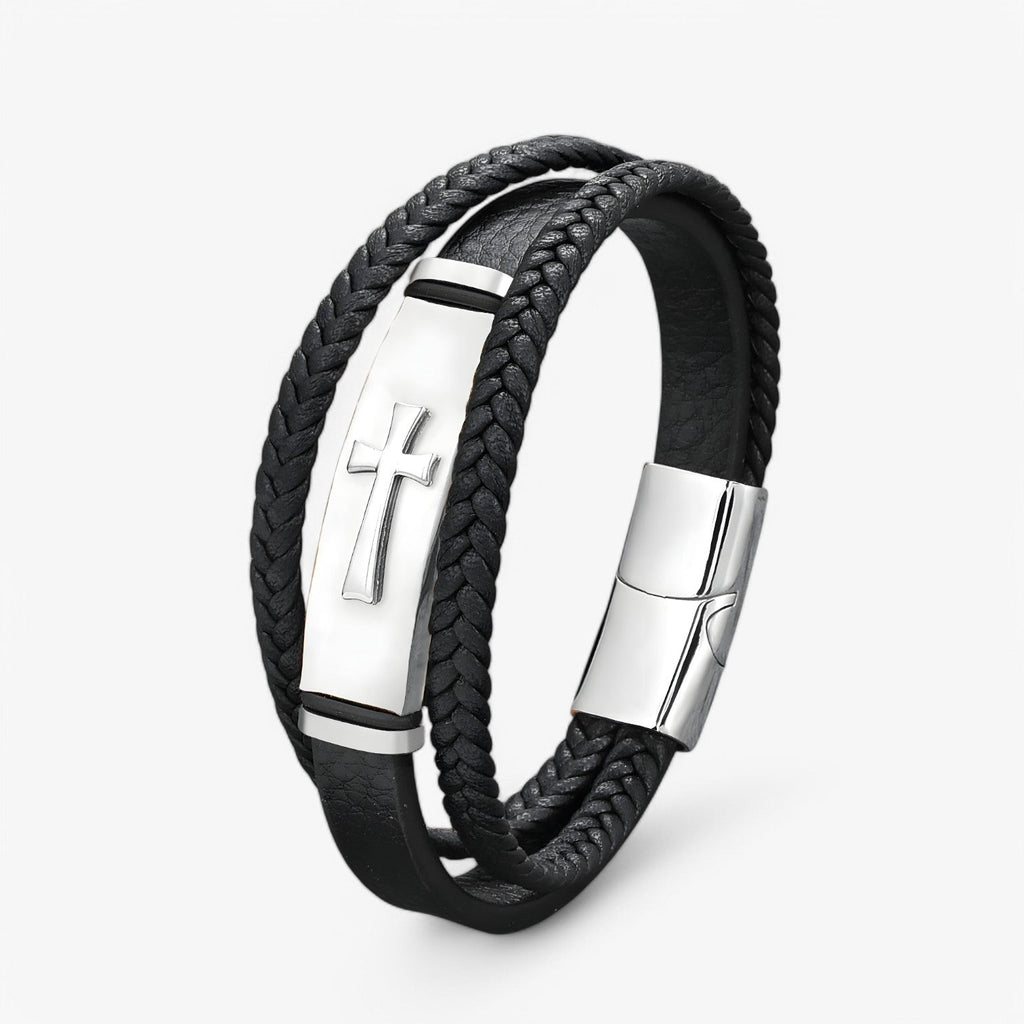 Men's Steel and Faux Leather Cross Bracelet with Magnetic Clasp