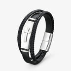 Men's Steel and Faux Leather Cross Bracelet with Magnetic Clasp