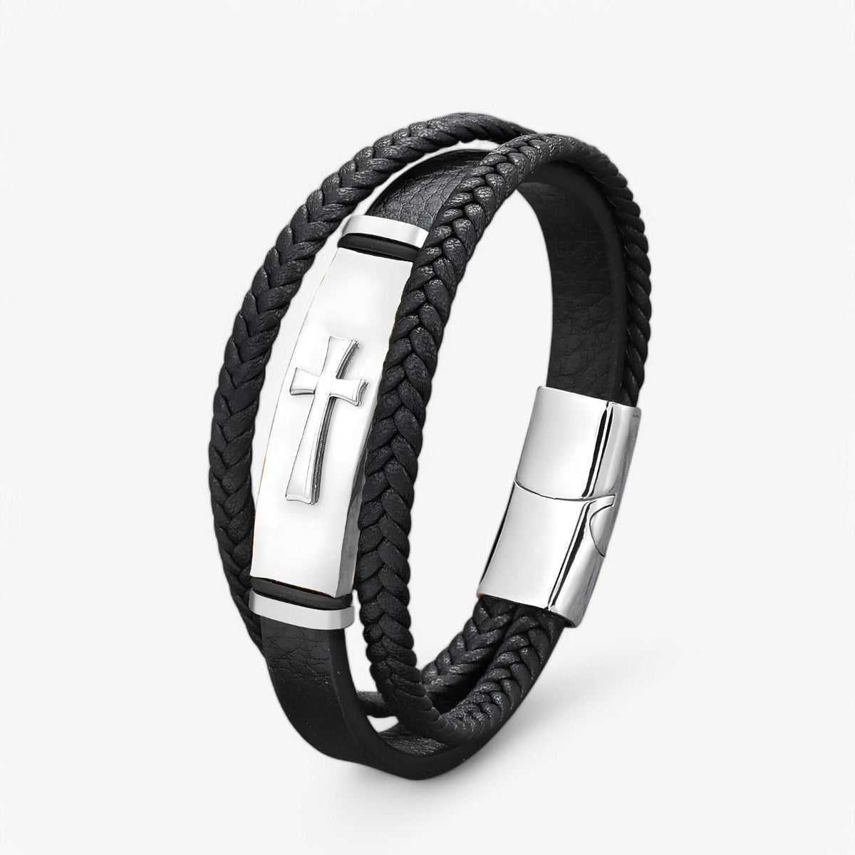 Men's Steel and Faux Leather Cross Bracelet with Magnetic Clasp