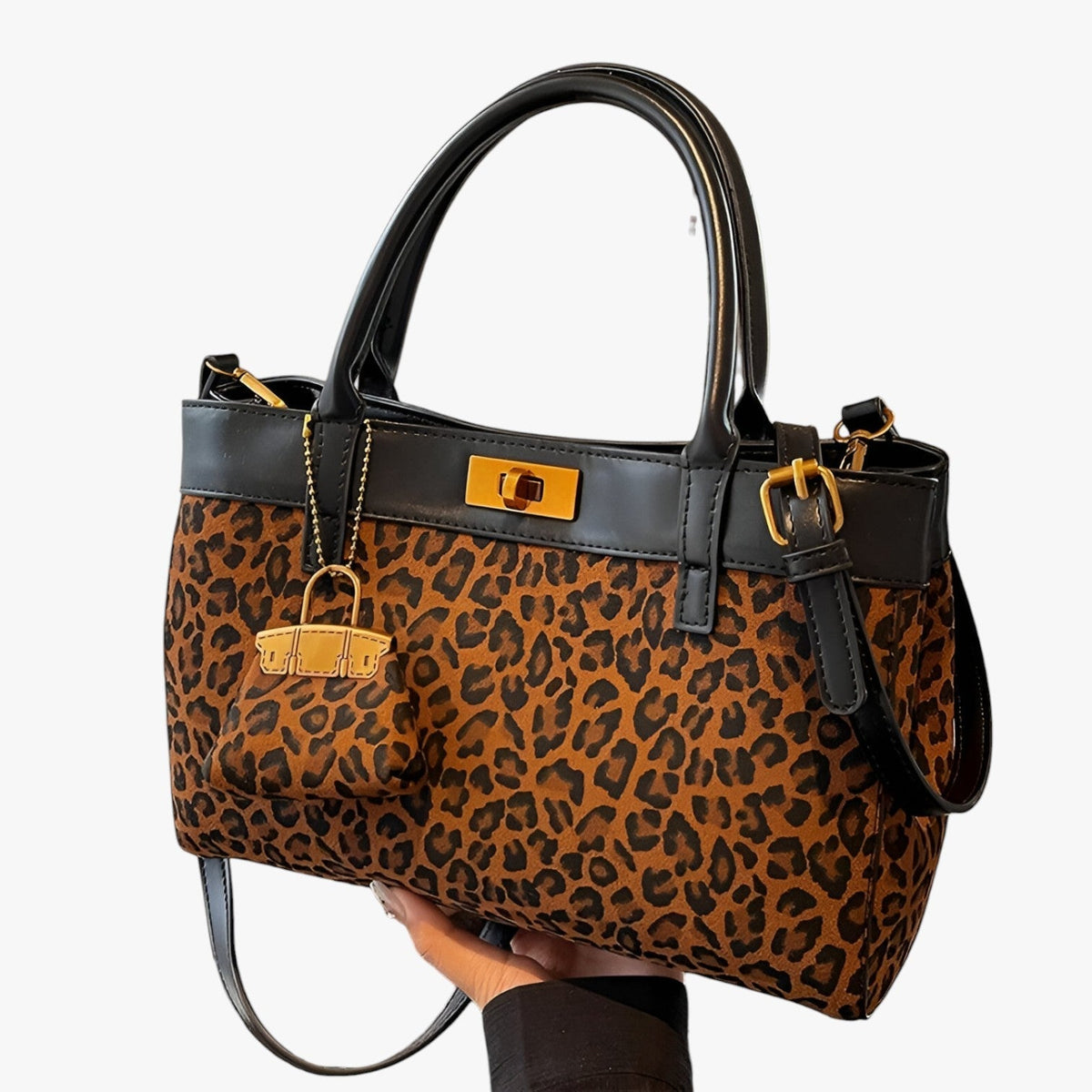 Totebag i leopardmönster med lås i guldton
