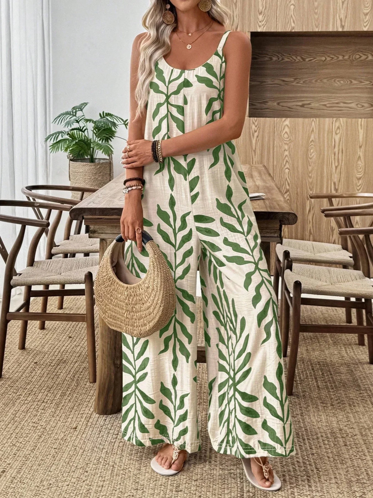 Wide-Leg Jumpsuit with Vibrant Tropical Leaf Print