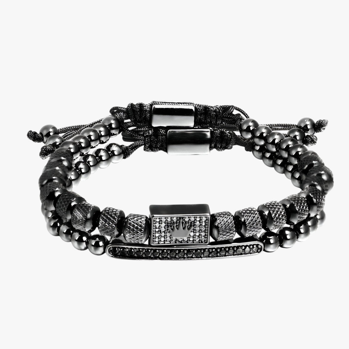Set of Two Stainless Steel Beaded Bracelets with Crown Charm
