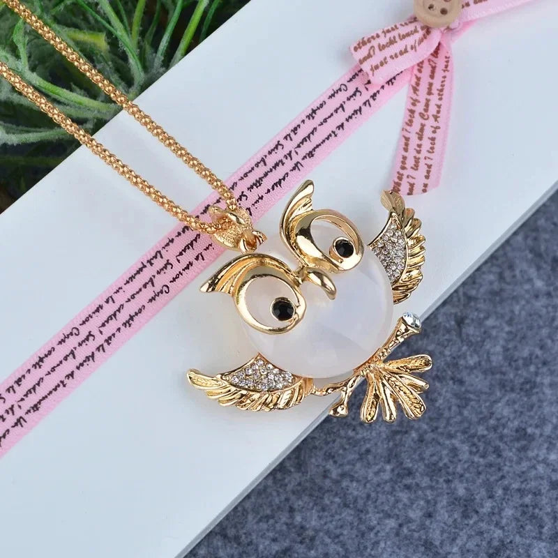 Owl Pendant Necklace with Iridescent Stone Detail and Woodland Charm