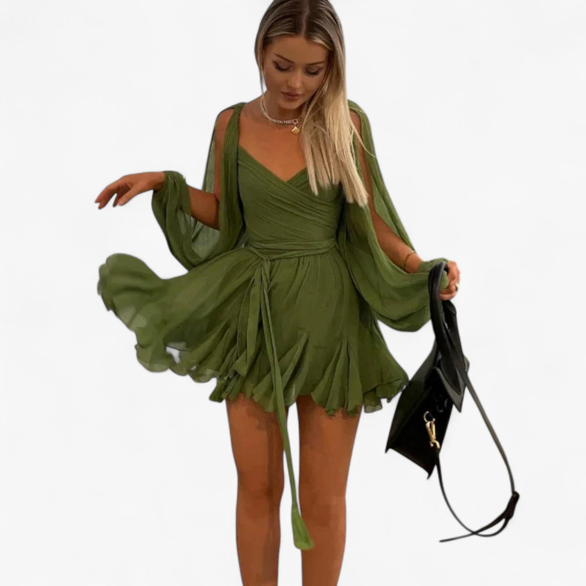 Vestido corto plisado entallado con cuello de pico y manga larga