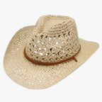 Vintage Western-Style Foldable Straw Sun Hat with Ethnic Trim