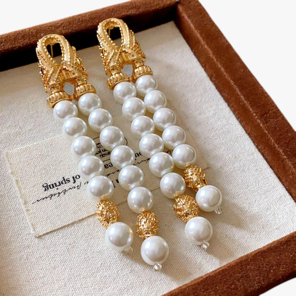 Layered Pearl Tassel Earrings with Geometric Shape