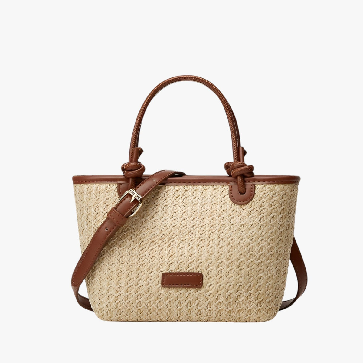 Natural Woven Rattan-Look Shoulder Bag with Rope Knots