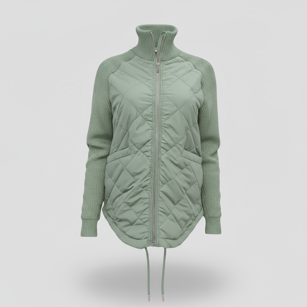 Light Puffer Jacket with Patchwork Detail and Adjustable Waist