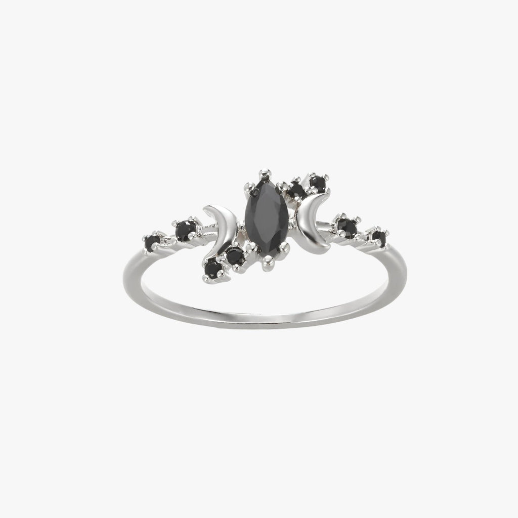 Moon and Stars Ring in Stainless Steel with Black Stone