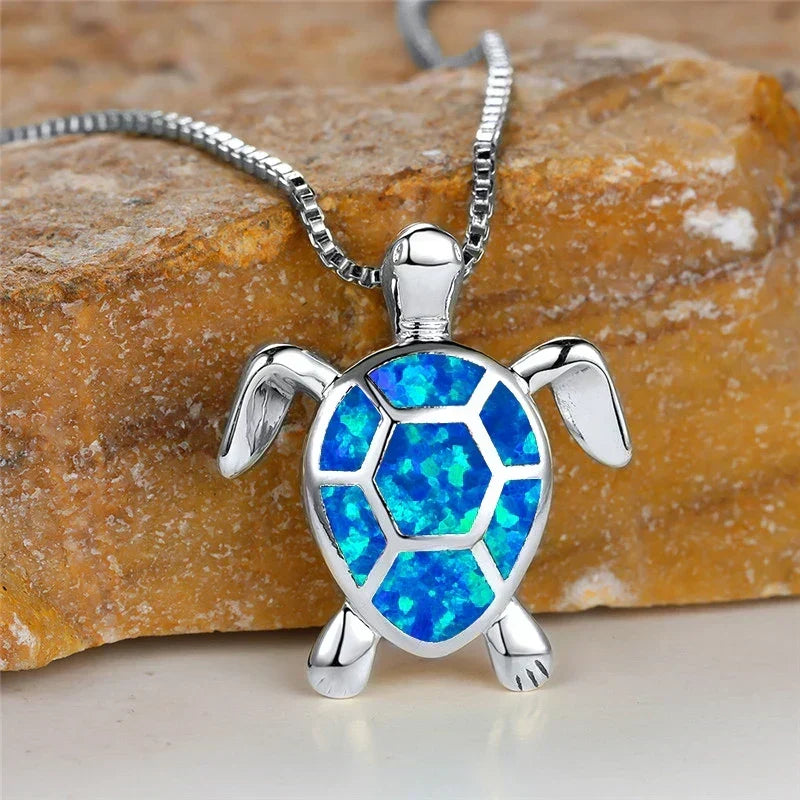 Vintage Turtle Pendant Necklace with Iridescent Stone