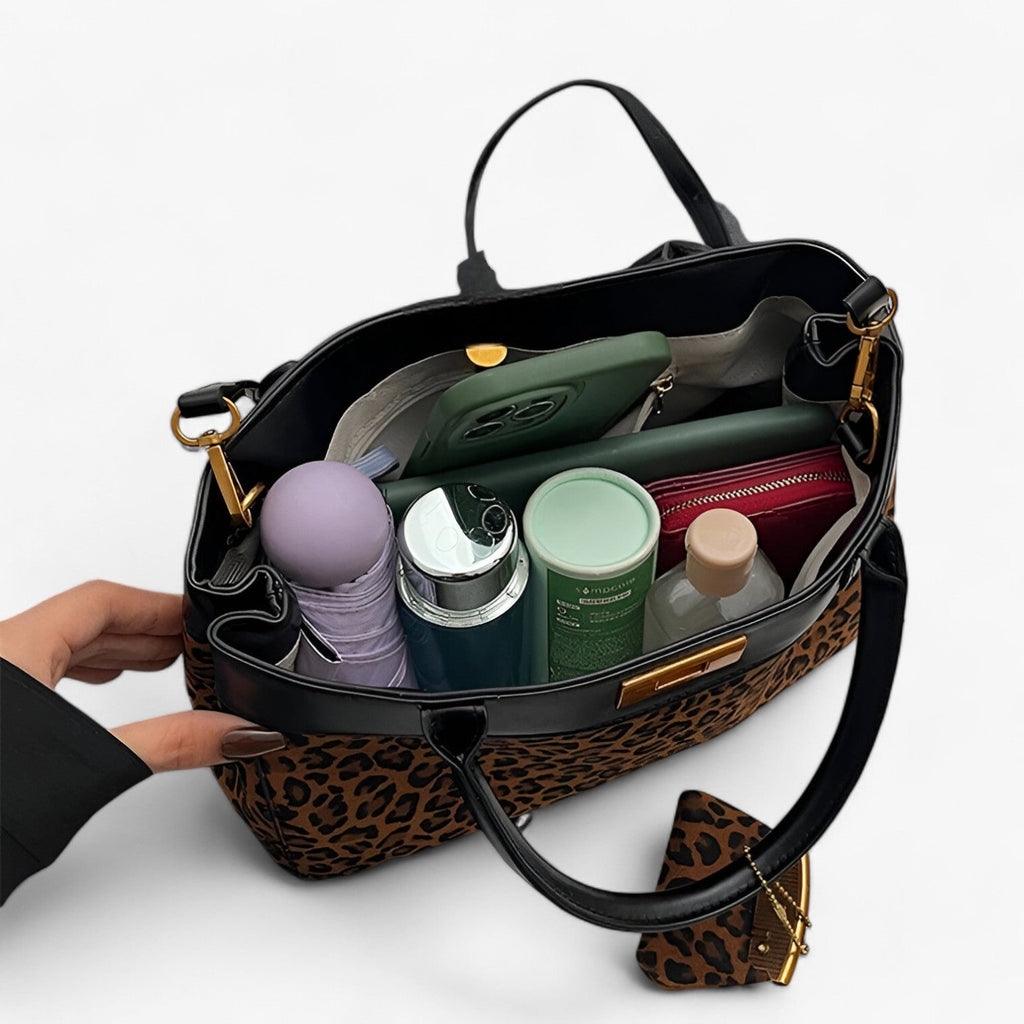 Leopard Print Tote Bag with Gold-Tone Clasp Detail