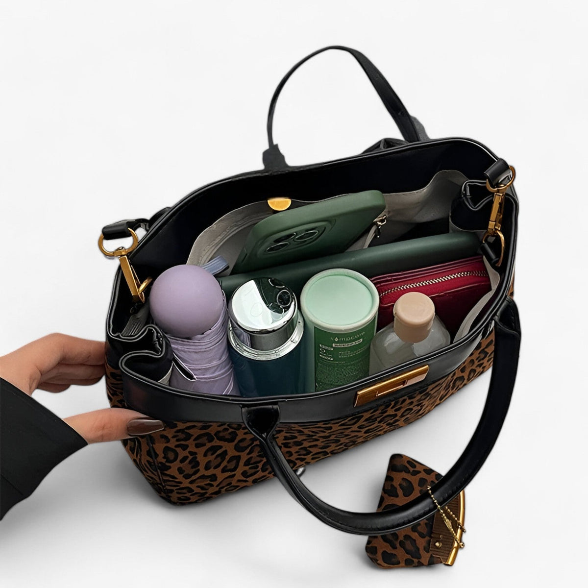 Totebag i leopardmönster med lås i guldton
