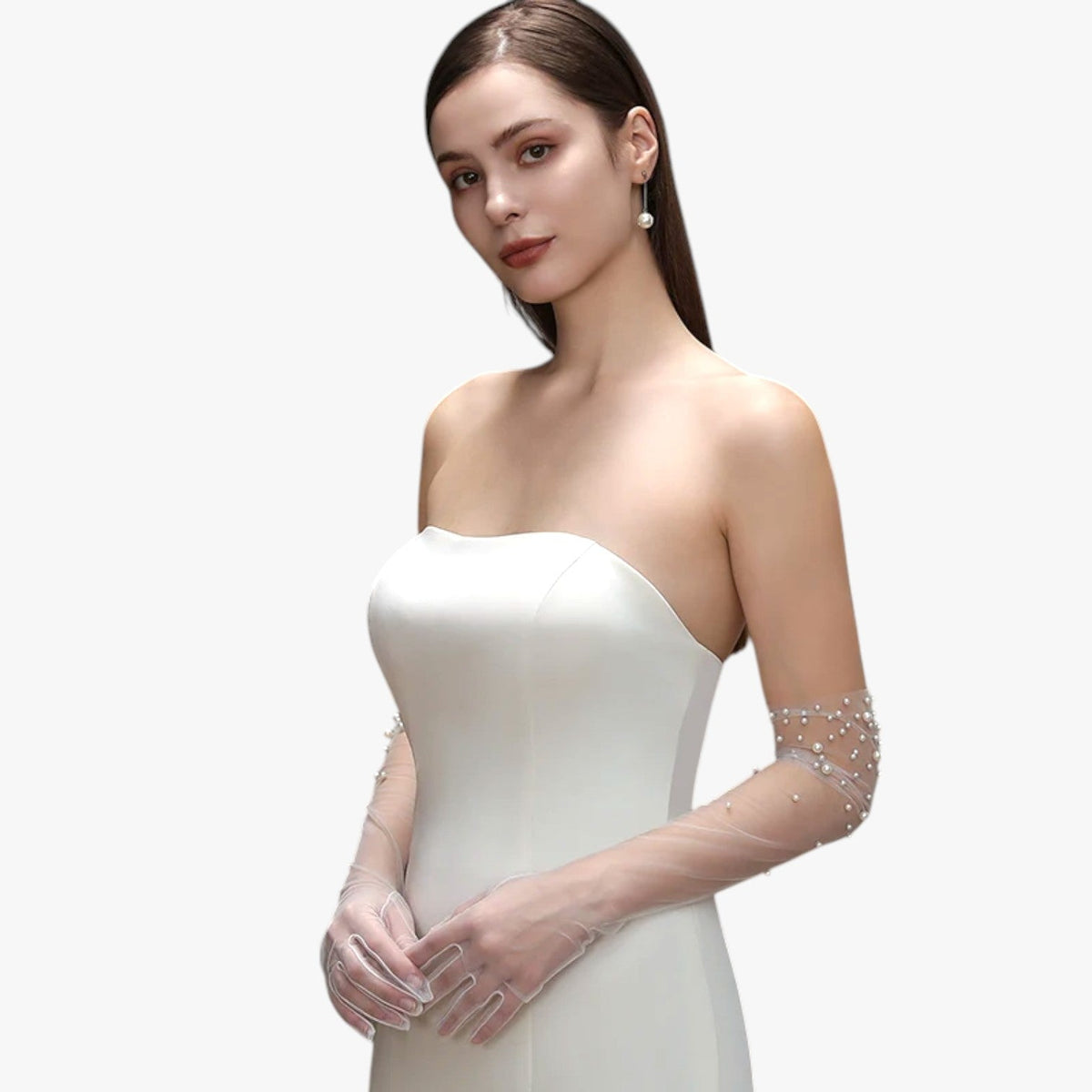 Sheer Tulle Bridal Gloves with Hand-Sewn Bead Detail