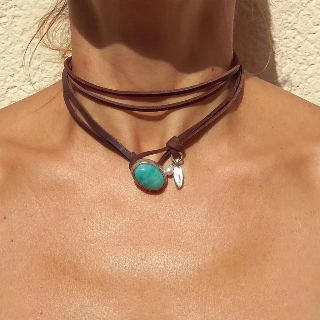 Vintage Bohemian Blue-Green Stone Pendant Necklace in Two Styles
