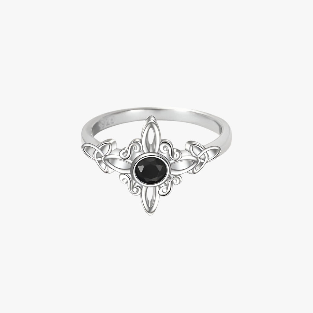Silver-Tone Ring with Black Stone and Knot Design