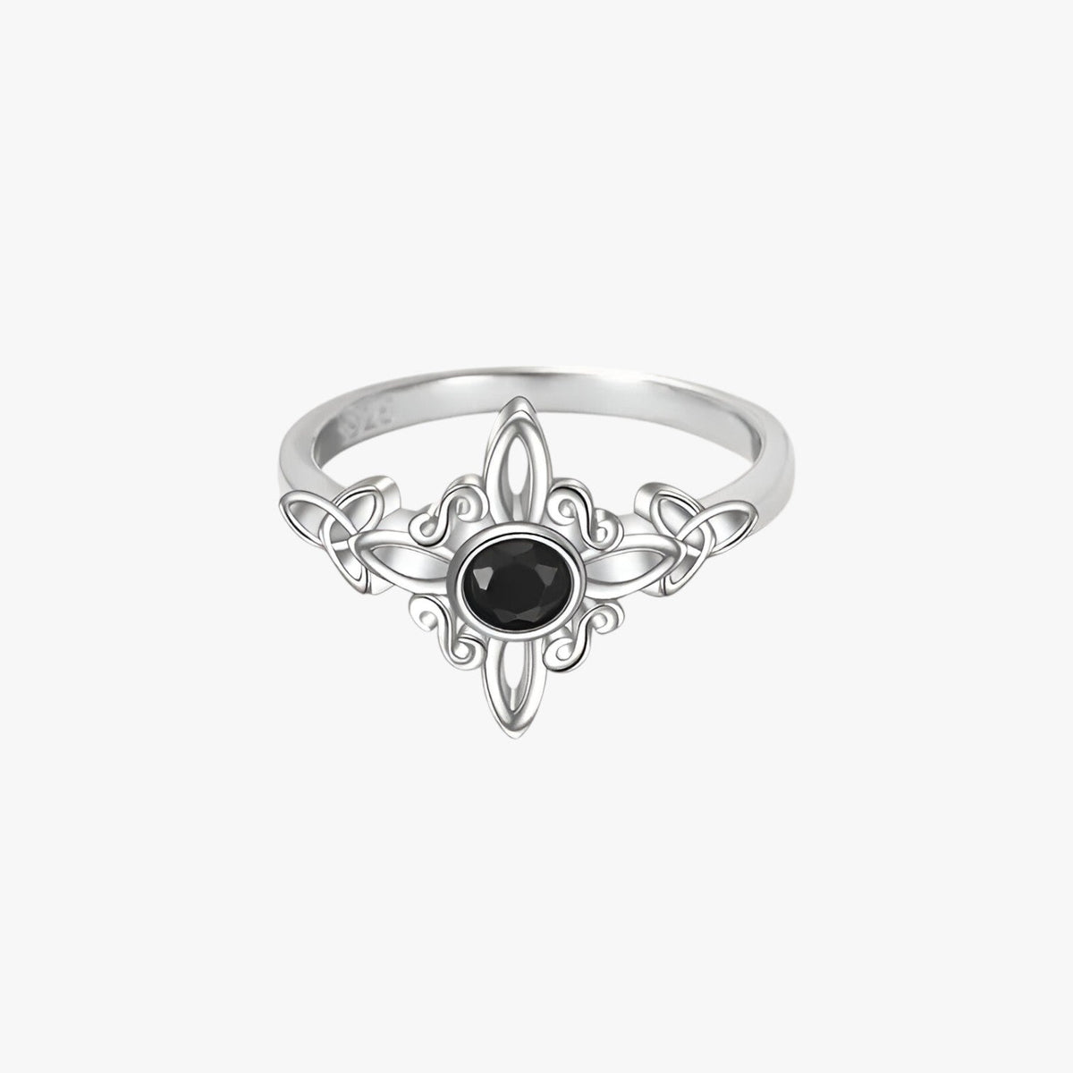 Silver-Tone Ring with Black Stone and Knot Design