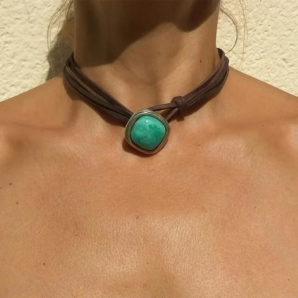 Vintage Bohemian Blue-Green Stone Pendant Necklace in Two Styles