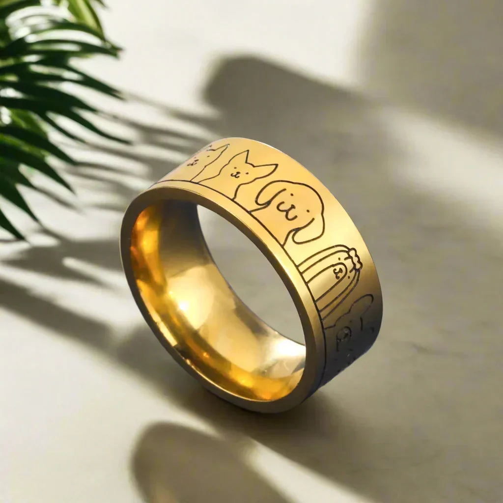 Wide Stainless Steel Band Ring with Engraved Dog Motif